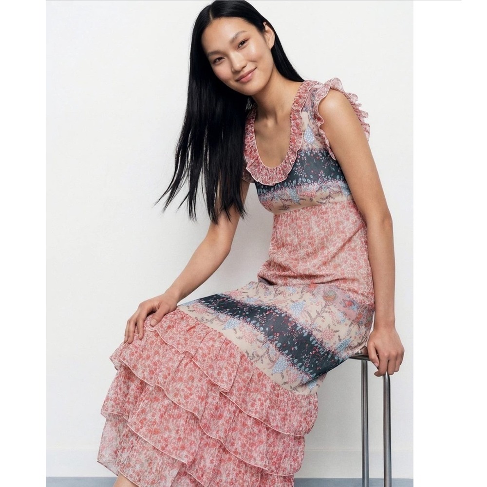 Anna Sui Paisley Garden Border Pink Floral Maxi Dress Size 6